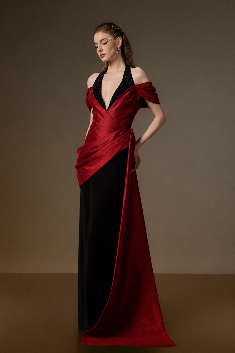 V Neck Column Gown With Asymmetric Draped Details In Black Crepe And Dark Red Taffeta