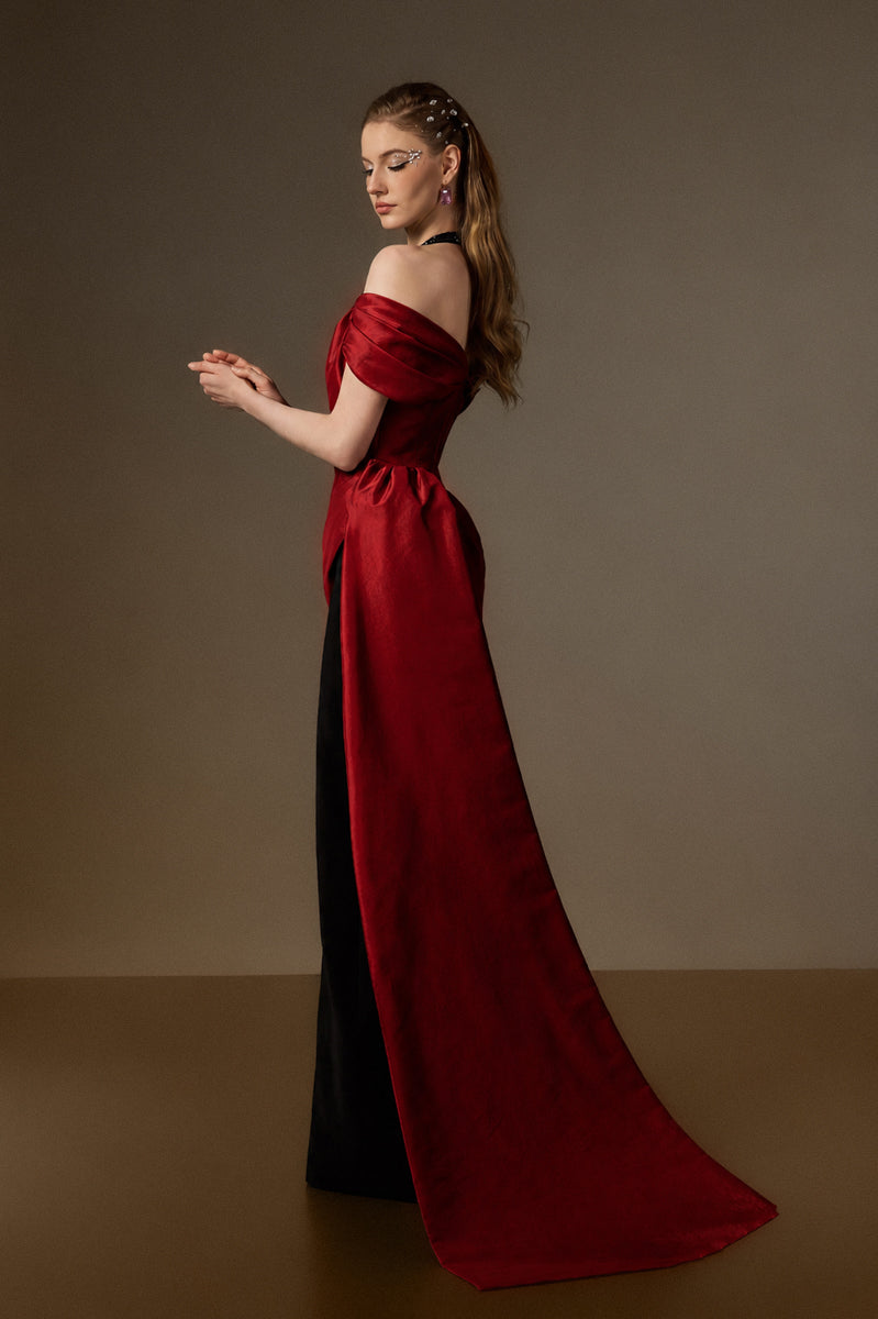 V Neck Column Gown With Asymmetric Draped Details In Black Crepe And Dark Red Taffeta