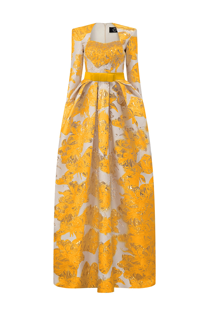 Trapeze Neck Ballgown With Long Sleeves In Jacquard