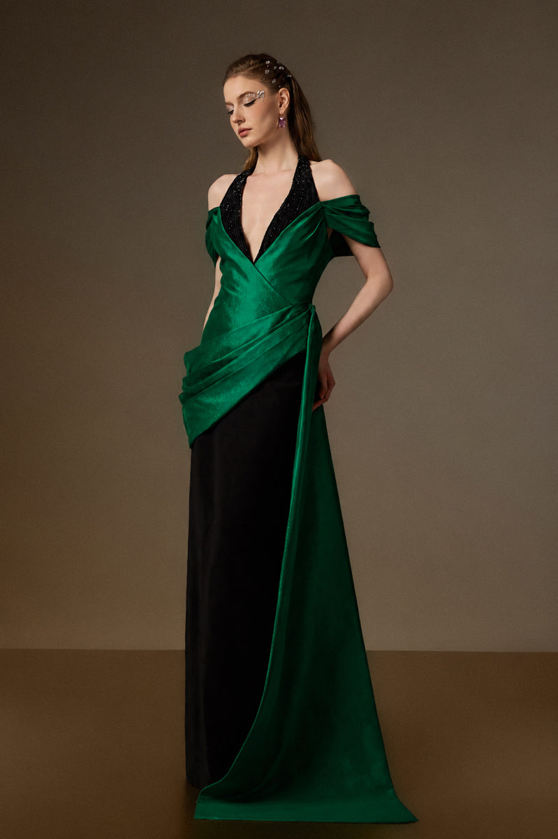 V Neck Column Gown With Asymmetric Draped Details In Black Crepe And Dark Green Taffeta