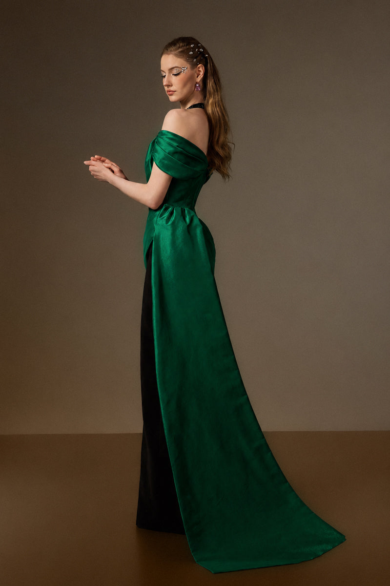 V Neck Column Gown With Asymmetric Draped Details In Black Crepe And Dark Green Taffeta