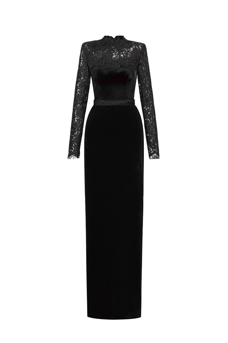 Round Neck Column Gown With With Long Sleeves In Black Velvet And French Lace