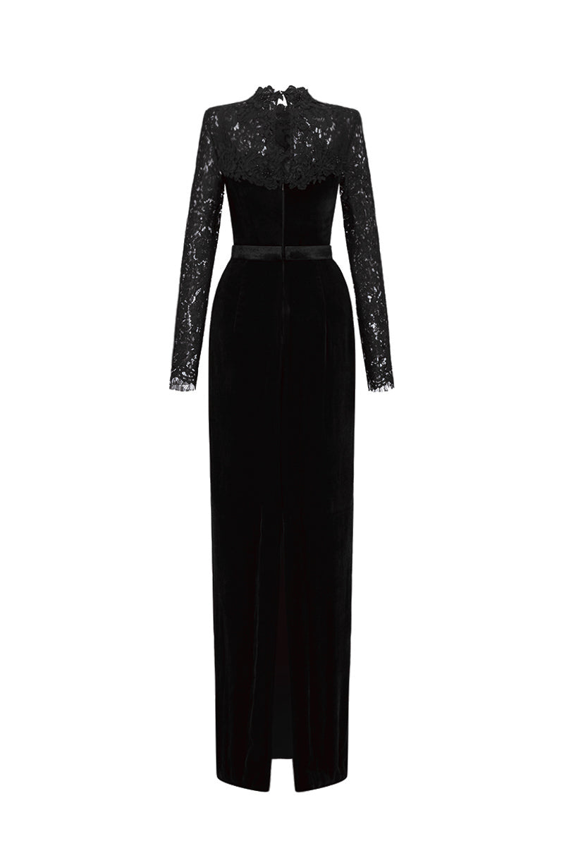 Round Neck Column Gown With With Long Sleeves In Black Velvet And French Lace