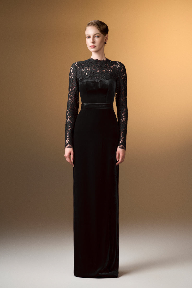 Round Neck Column Gown With With Long Sleeves In Black Velvet And French Lace