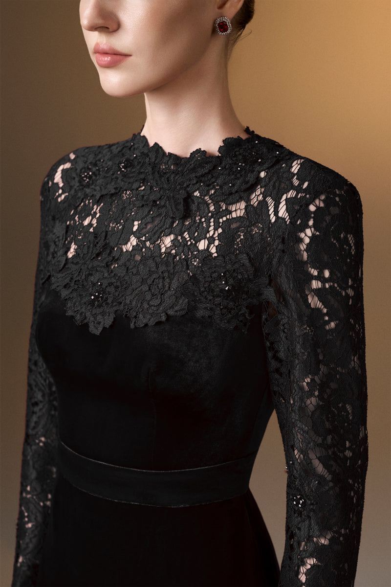Round Neck Column Gown With With Long Sleeves In Black Velvet And French Lace