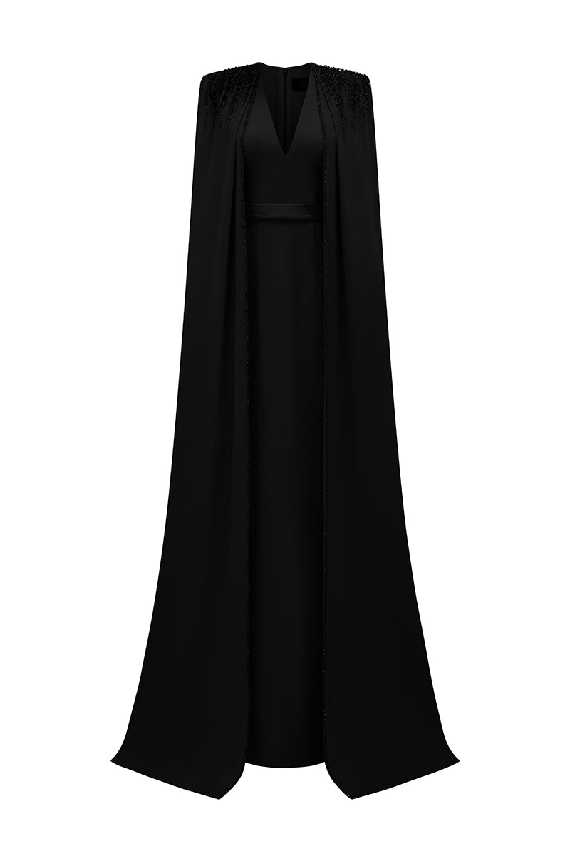 V-Neck Column Gown With Floor-Length Cape Sleeves In Light Purple
