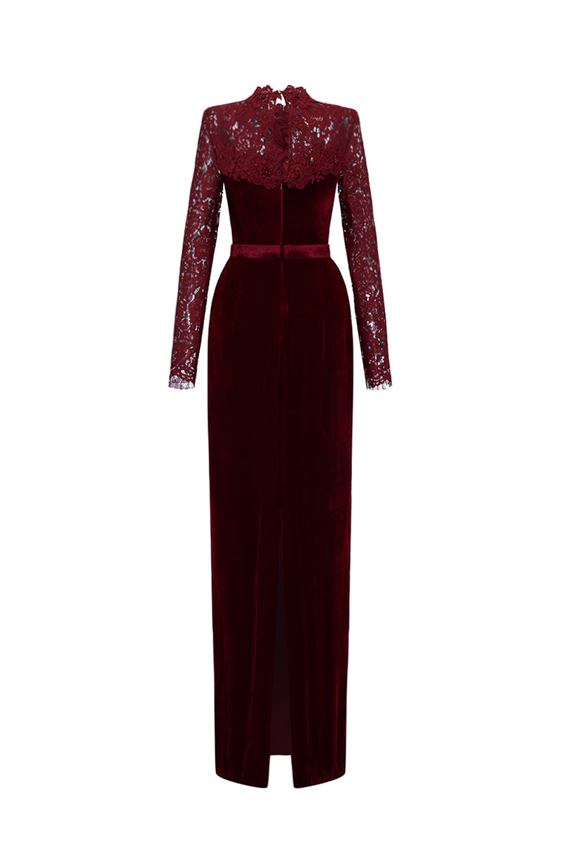 Round Neck Column Gown With With Long Sleeves In Dark Red Velvet And French Lace