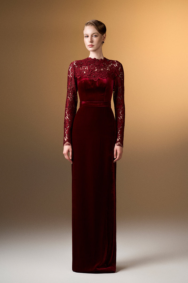 Round Neck Column Gown With With Long Sleeves In Dark Red Velvet And French Lace