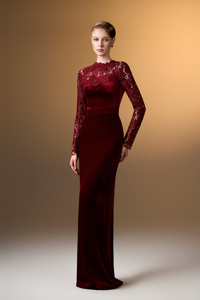 Round Neck Column Gown With With Long Sleeves In Dark Red Velvet And French Lace