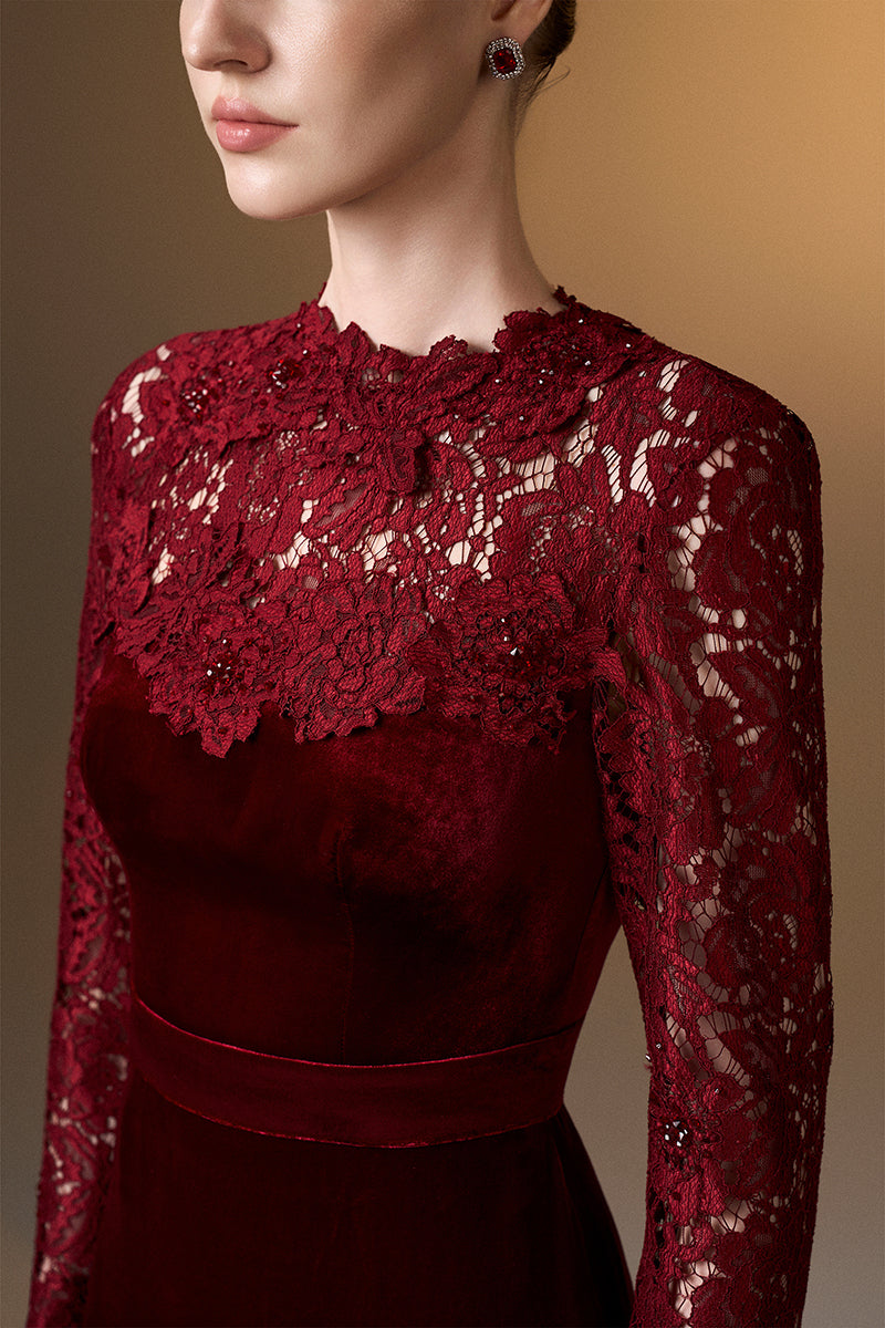 Round Neck Column Gown With With Long Sleeves In Dark Red Velvet And French Lace