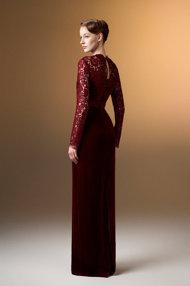 Round Neck Column Gown With With Long Sleeves In Dark Red Velvet And French Lace