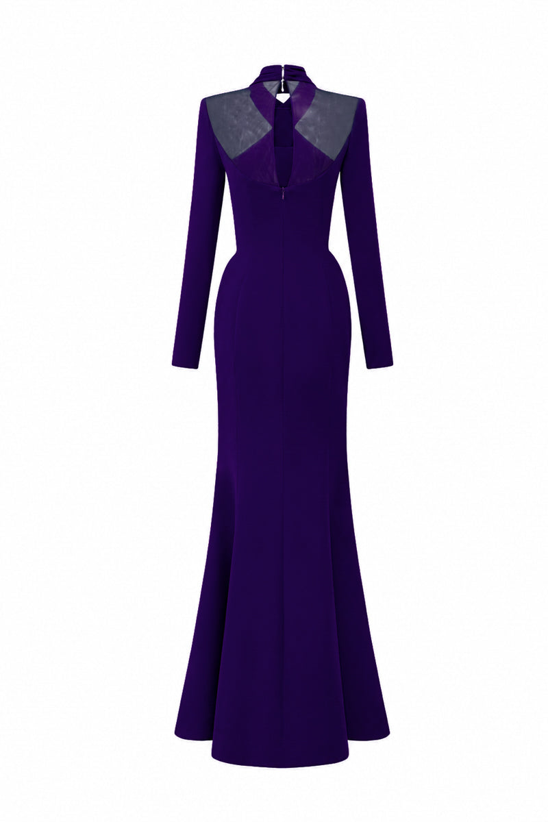 Round Neck Mermaid Gown With Draped Details In Dark Purple Crepe