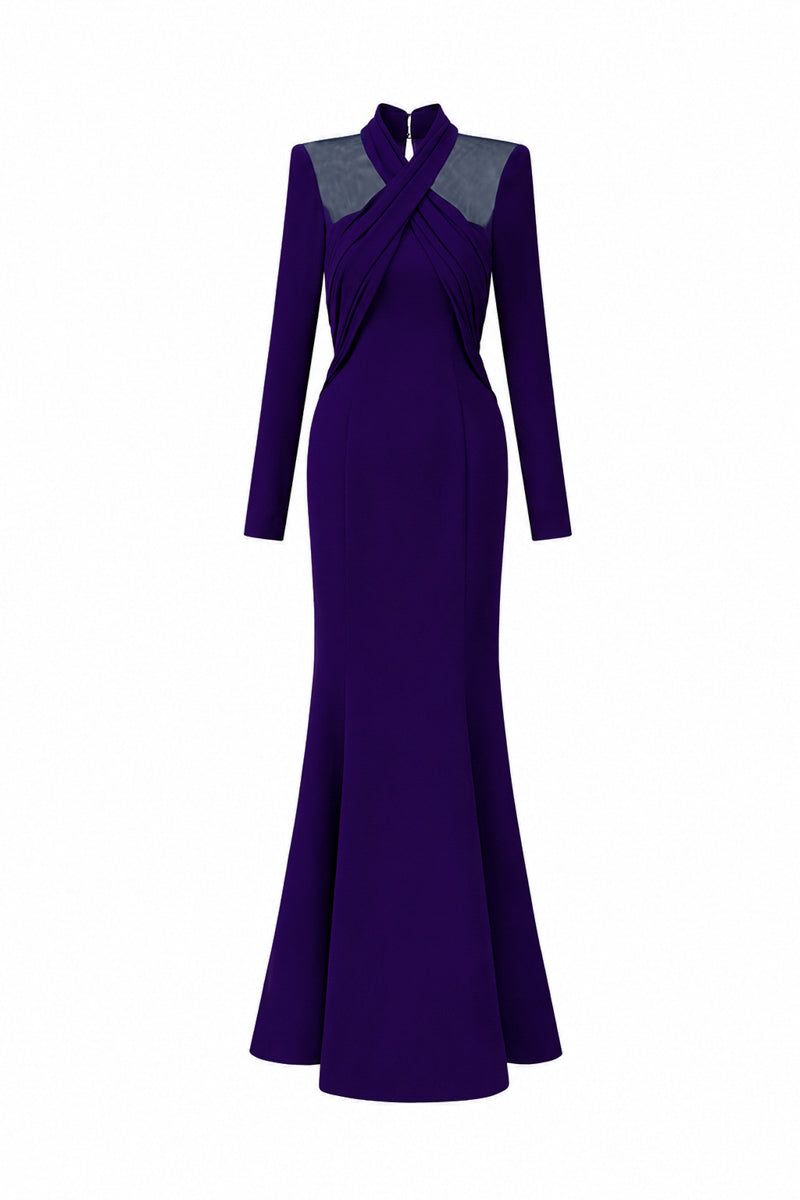 Round Neck Mermaid Gown With Draped Details In Dark Purple Crepe