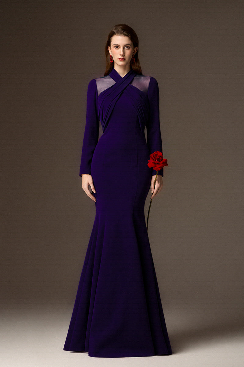 Round Neck Mermaid Gown With Draped Details In Dark Purple Crepe