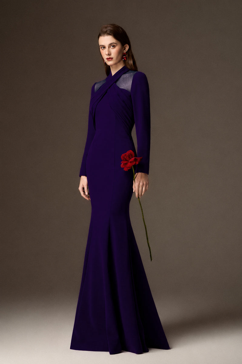 Round Neck Mermaid Gown With Draped Details In Dark Purple Crepe