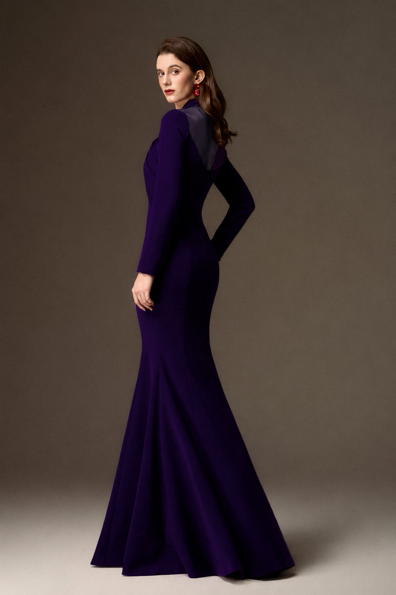 Round Neck Mermaid Gown With Draped Details In Dark Purple Crepe