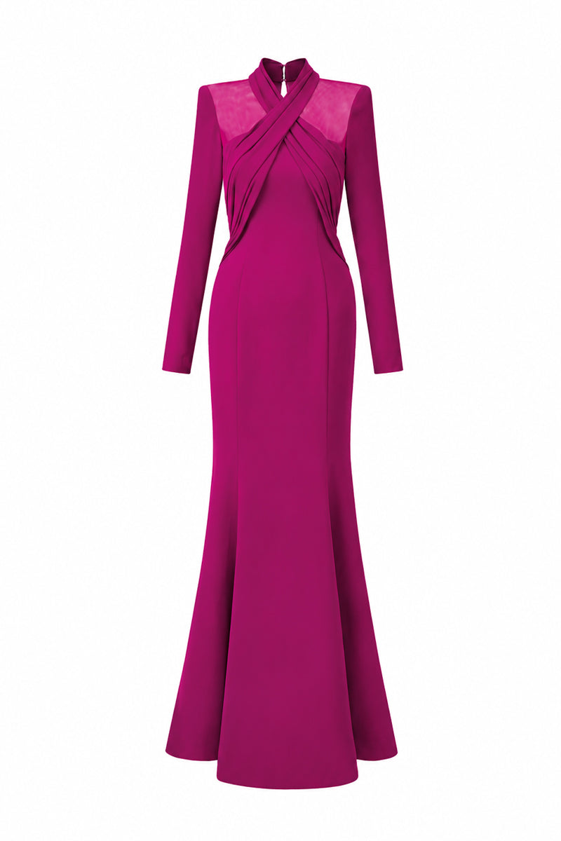Round Neck Mermaid Gown With Draped Details In Dark Pink Crepe