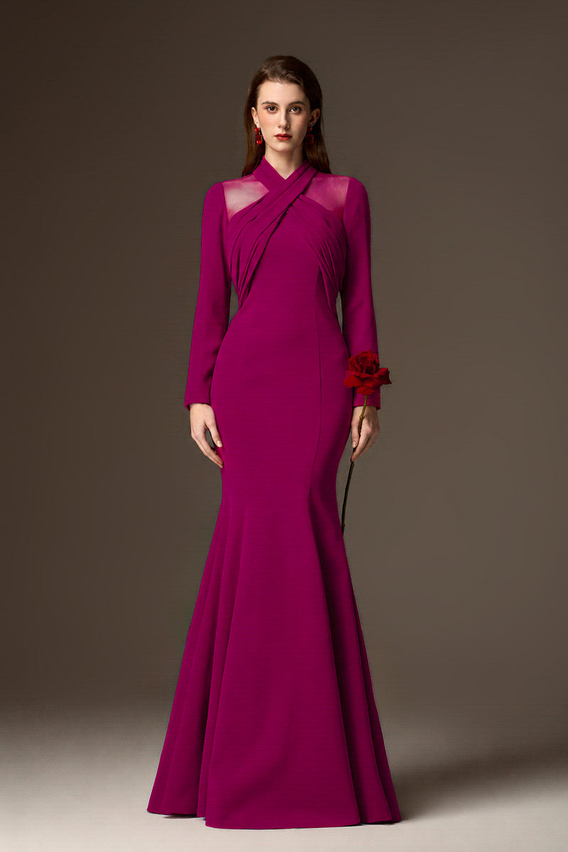Round Neck Mermaid Gown With Draped Details In Dark Pink Crepe