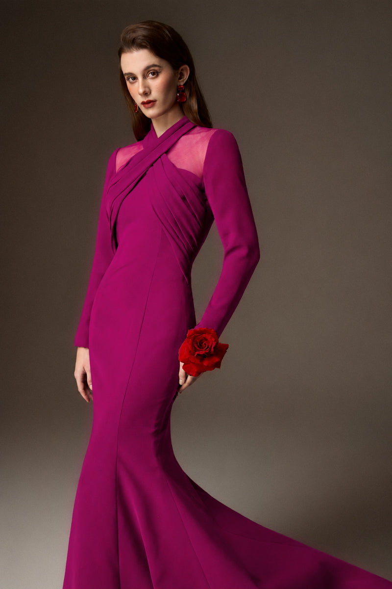 Round Neck Mermaid Gown With Draped Details In Dark Pink Crepe