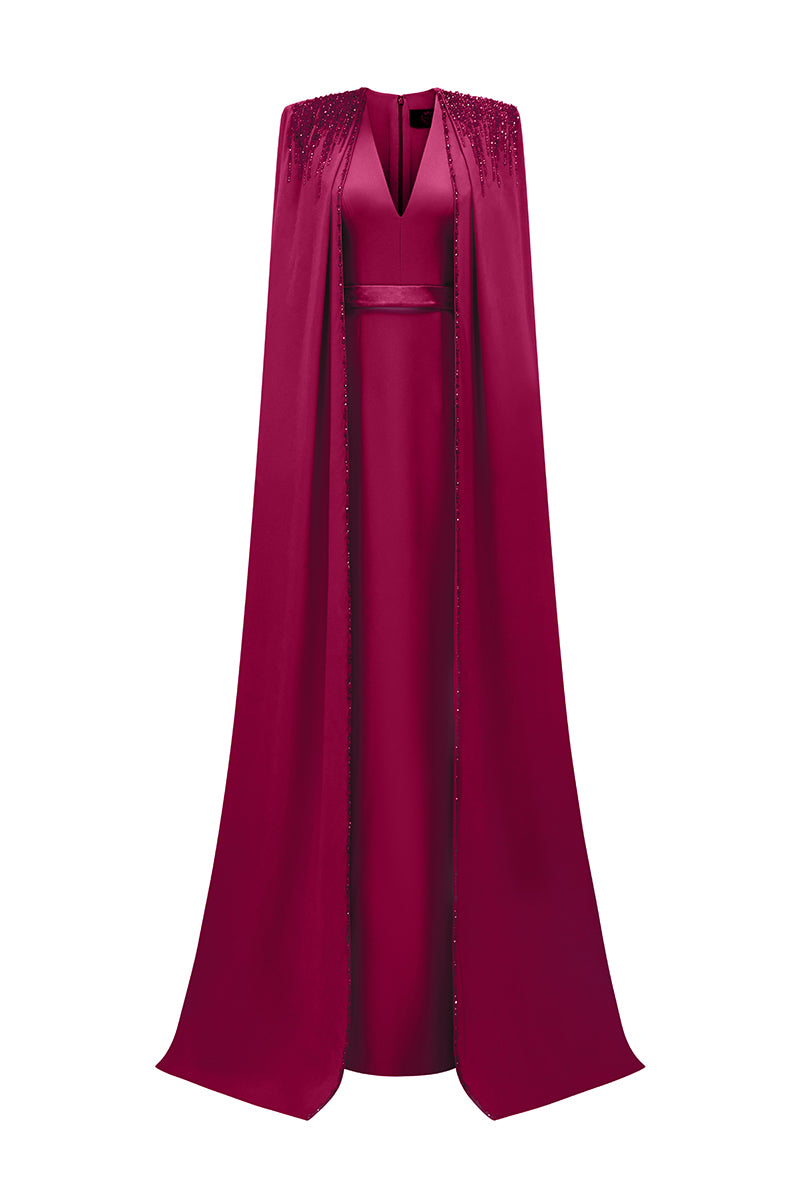 V-Neck Column Gown With Floor-Length Cape Sleeves In Light Purple