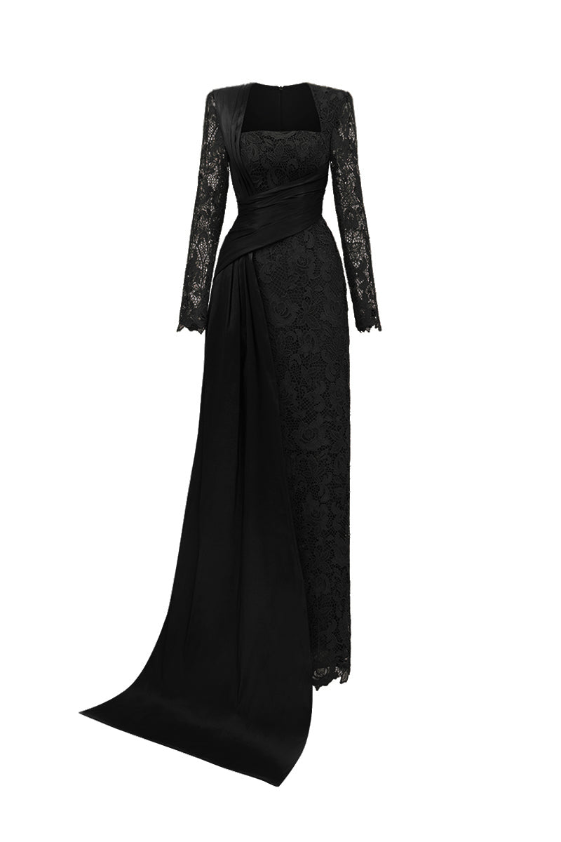 Trapeze Neck Column Gown With Long Sleeves In Black Guipure Lace And Taffeta