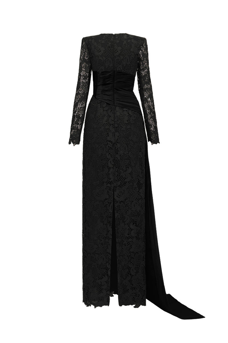 Trapeze Neck Column Gown With Long Sleeves In Black Guipure Lace And Taffeta