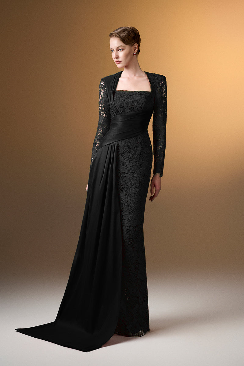 Trapeze Neck Column Gown With Long Sleeves In Black Guipure Lace And Taffeta