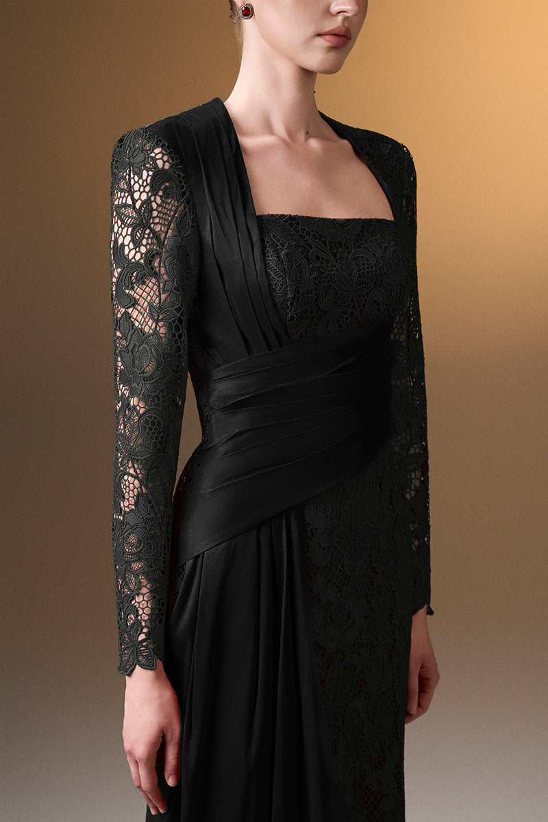 Trapeze Neck Column Gown With Long Sleeves In Black Guipure Lace And Taffeta