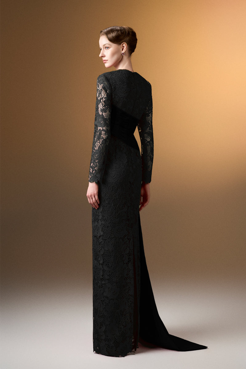 Trapeze Neck Column Gown With Long Sleeves In Black Guipure Lace And Taffeta