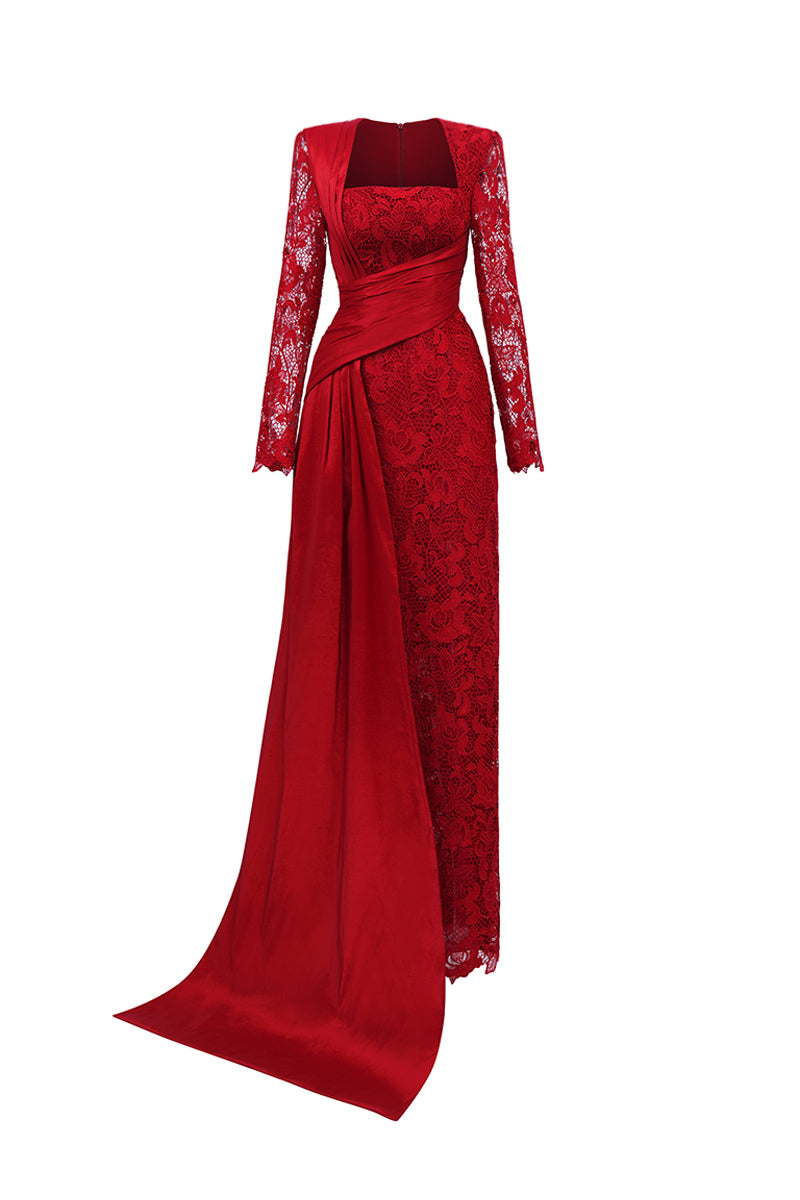 Trapeze Neck Column Gown With Long Sleeves In Dark Red Guipure Lace And Taffeta
