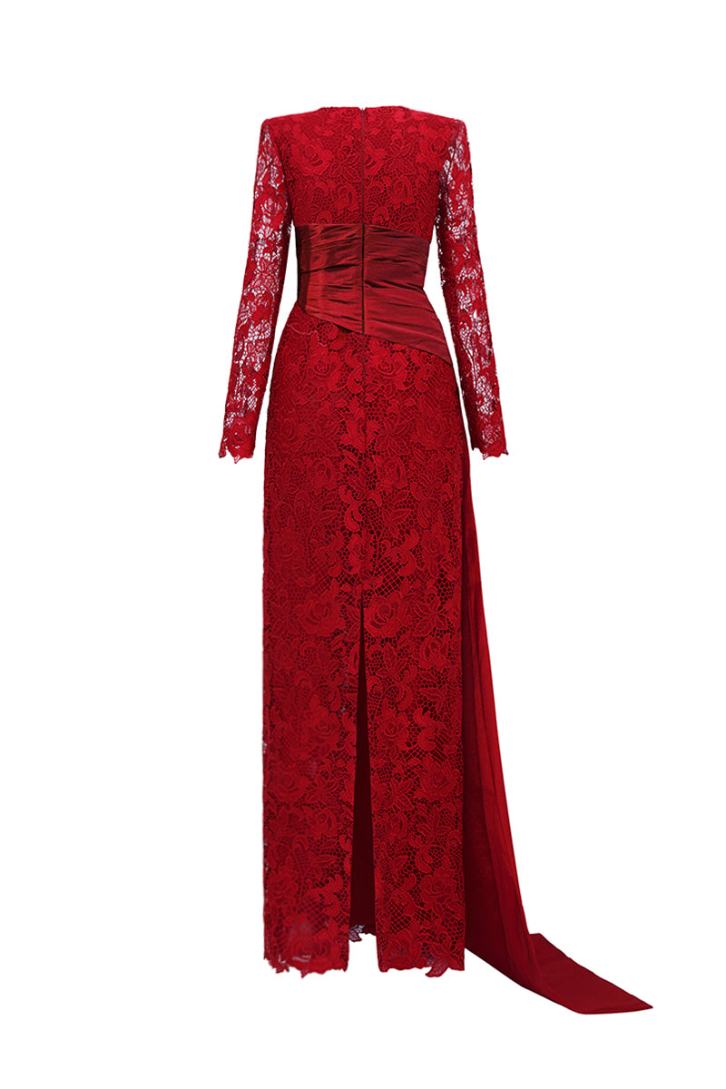 Trapeze Neck Column Gown With Long Sleeves In Dark Red Guipure Lace And Taffeta