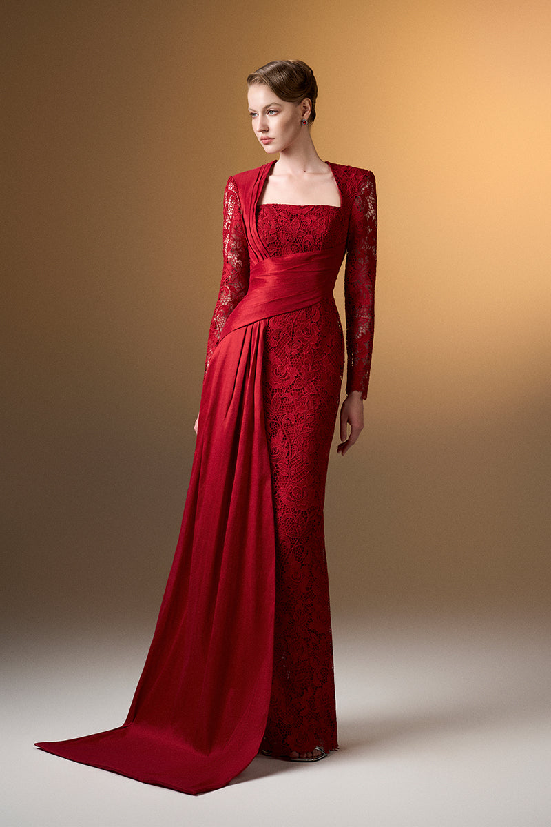 Trapeze Neck Column Gown With Long Sleeves In Dark Red Guipure Lace And Taffeta