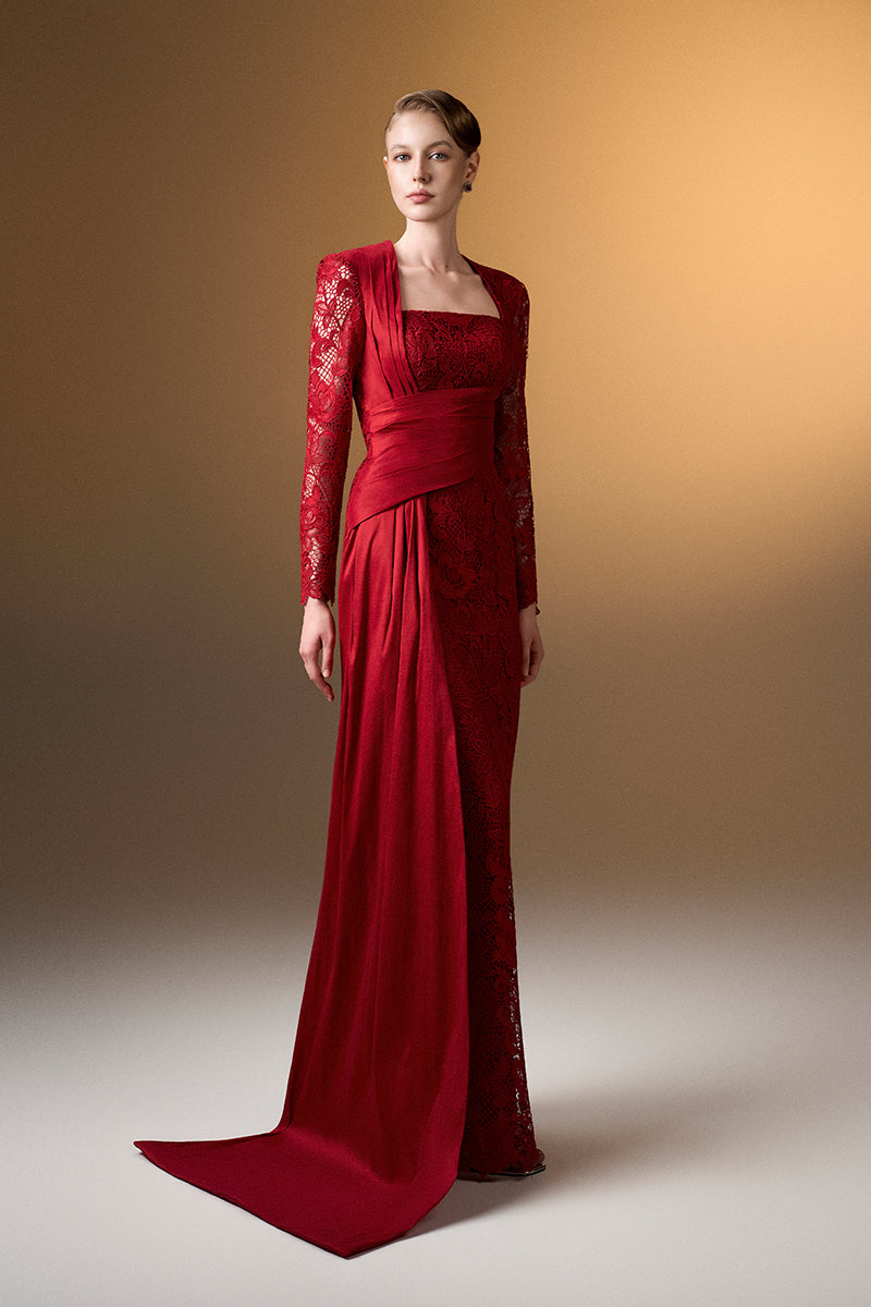 Trapeze Neck Column Gown With Long Sleeves In Dark Red Guipure Lace And Taffeta