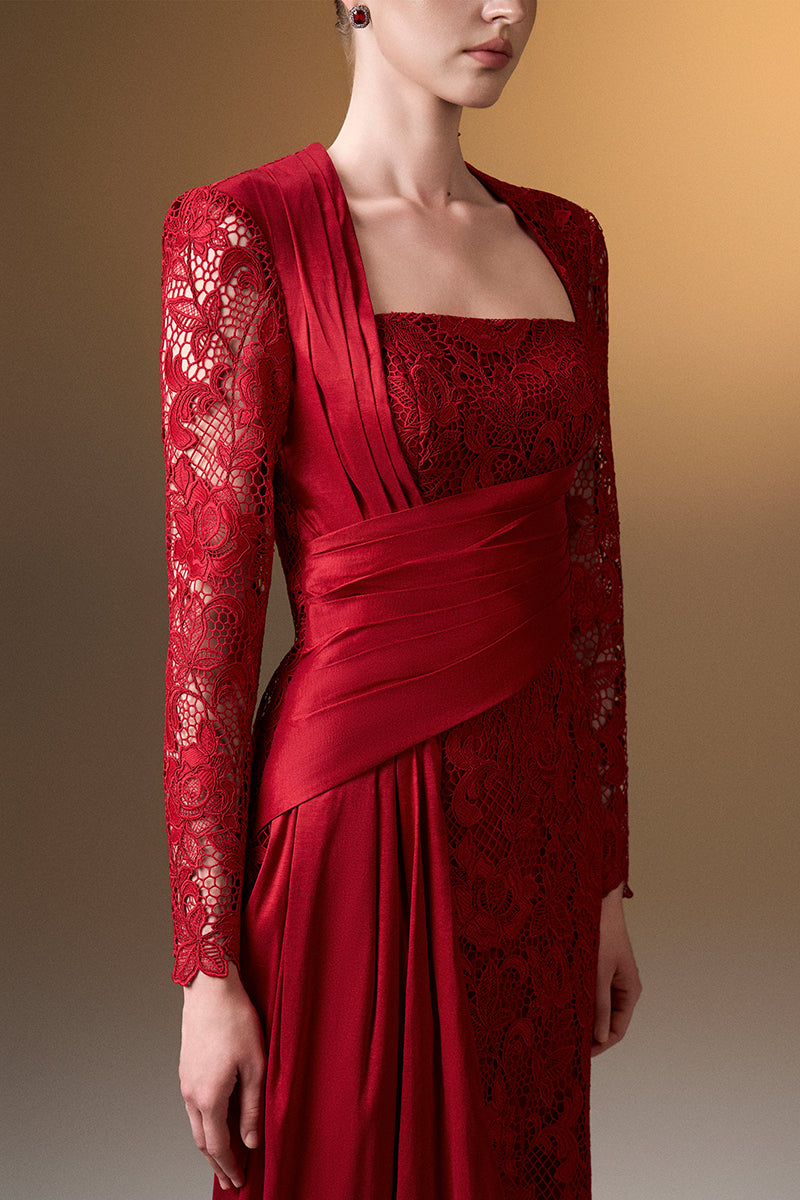 Trapeze Neck Column Gown With Long Sleeves In Dark Red Guipure Lace And Taffeta