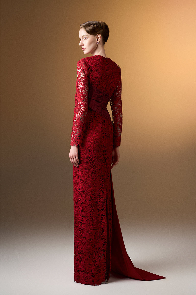 Trapeze Neck Column Gown With Long Sleeves In Dark Red Guipure Lace And Taffeta