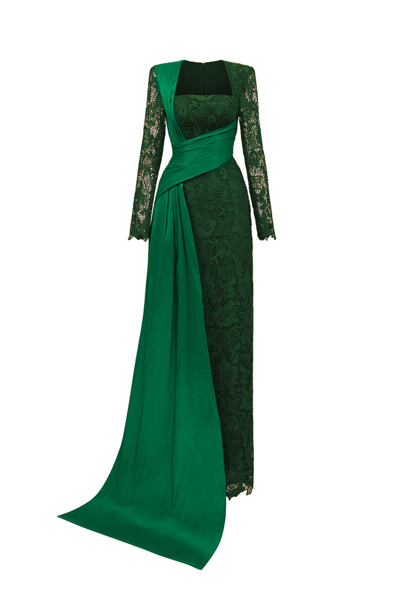 Trapeze Neck Column Gown With Long Sleeves In Dark Green Guipure Lace And Taffeta