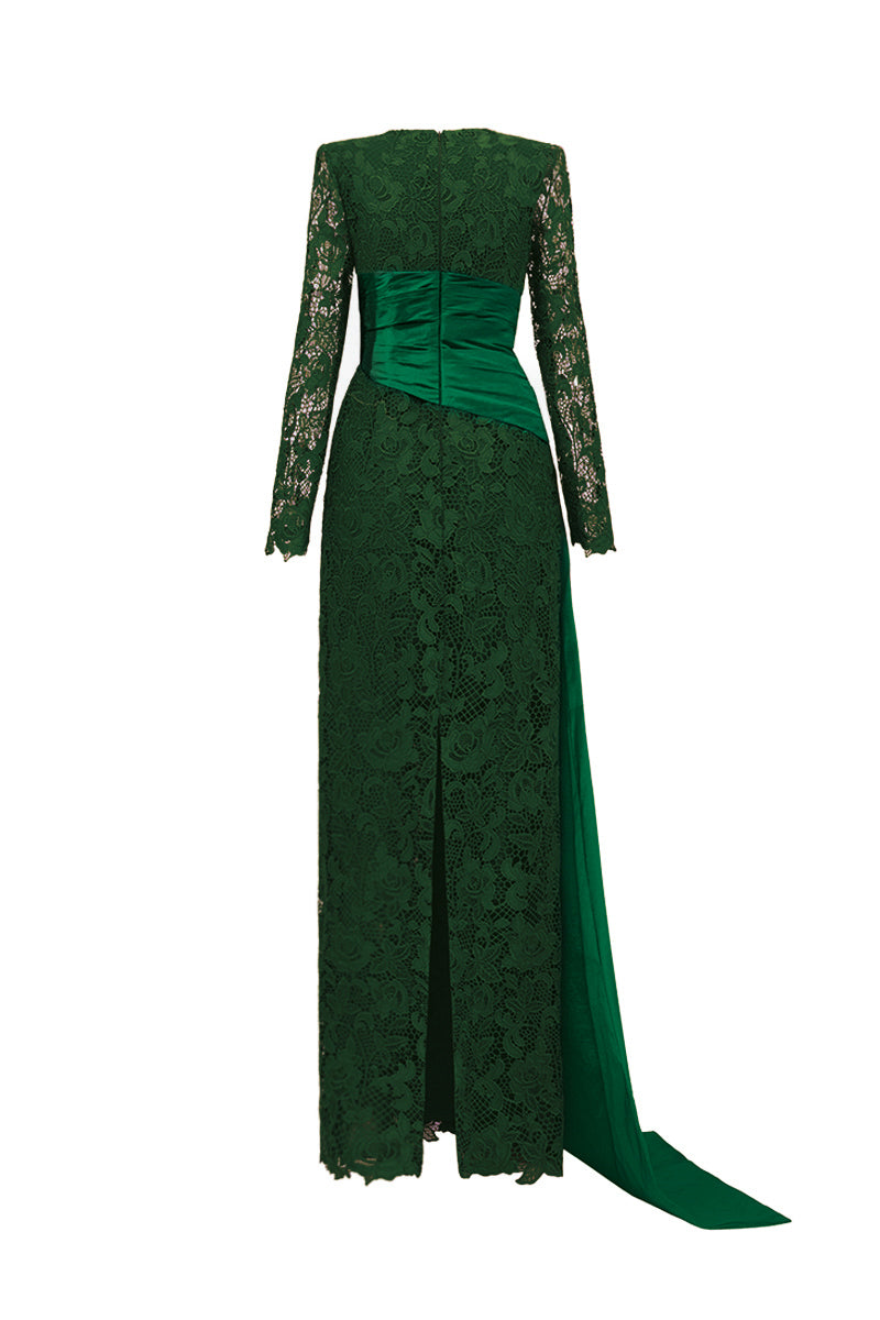 Trapeze Neck Column Gown With Long Sleeves In Dark Green Guipure Lace And Taffeta
