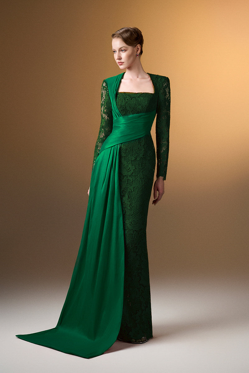 Trapeze Neck Column Gown With Long Sleeves In Dark Green Guipure Lace And Taffeta