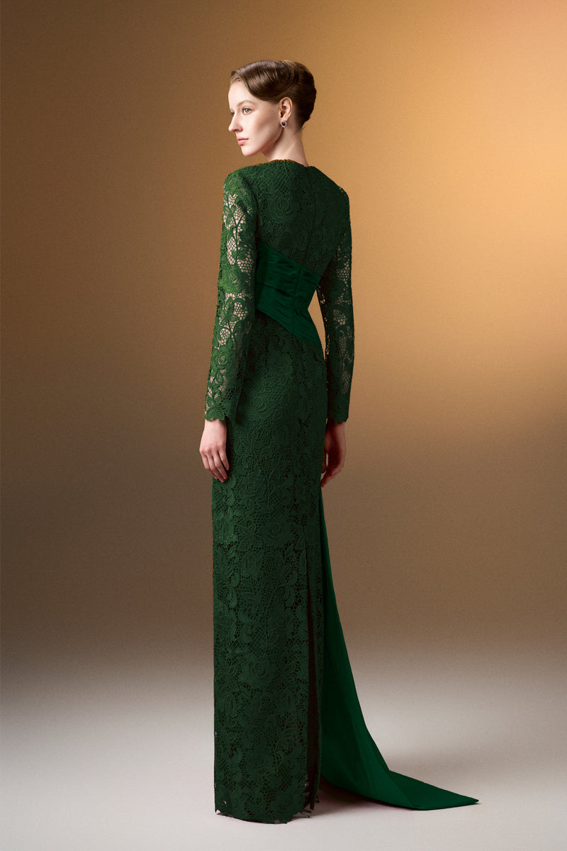 Trapeze Neck Column Gown With Long Sleeves In Dark Green Guipure Lace And Taffeta