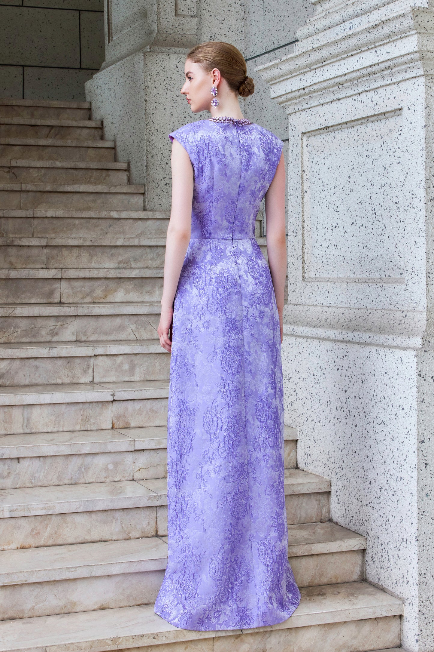 A-Line Brocade Gown With Embellished Round Neck
