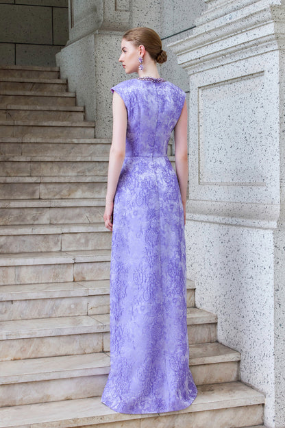 A-Line Brocade Gown With Embellished Round Neck