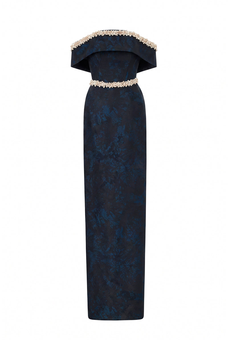 Off-Shoulder Column Gown In Black Rose Design Brocade