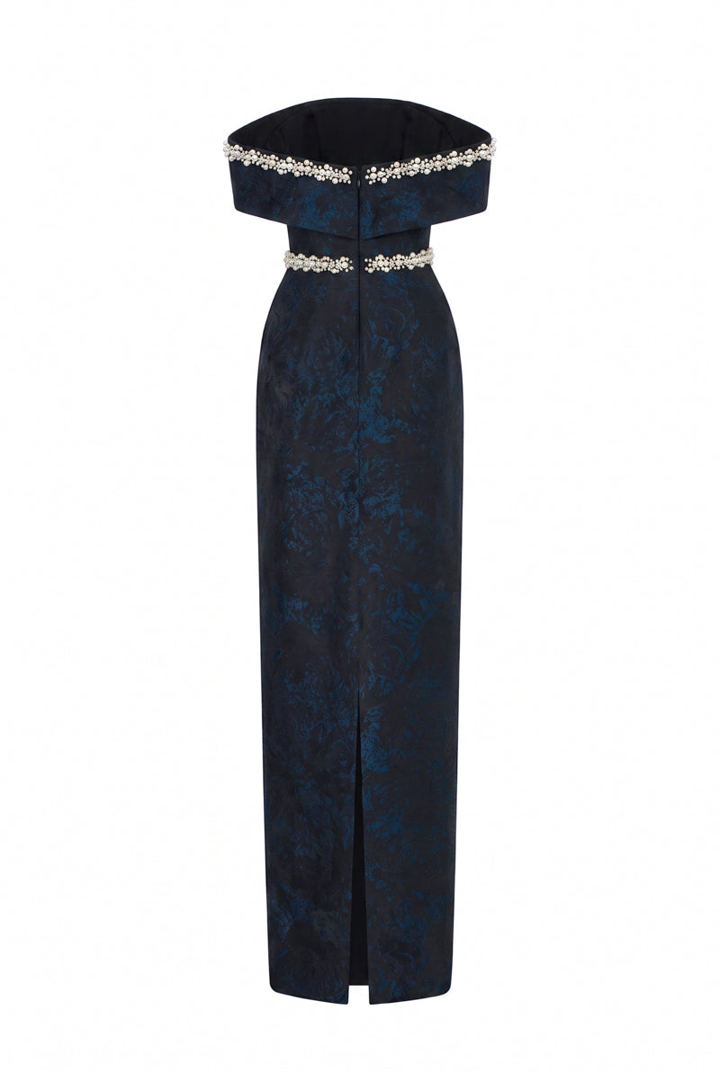 Off-Shoulder Column Gown In Black Rose Design Brocade