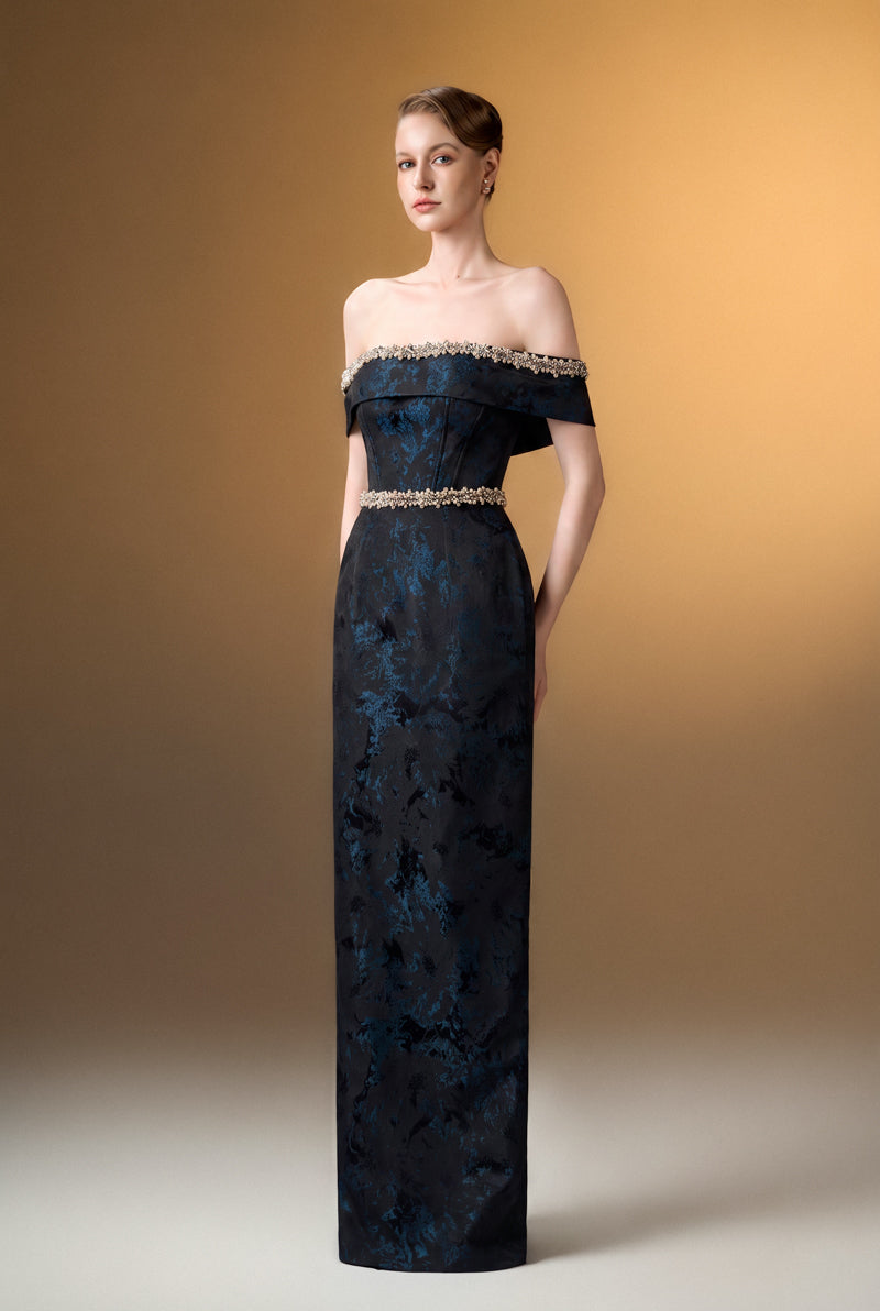 Off-Shoulder Column Gown In Black Rose Design Brocade