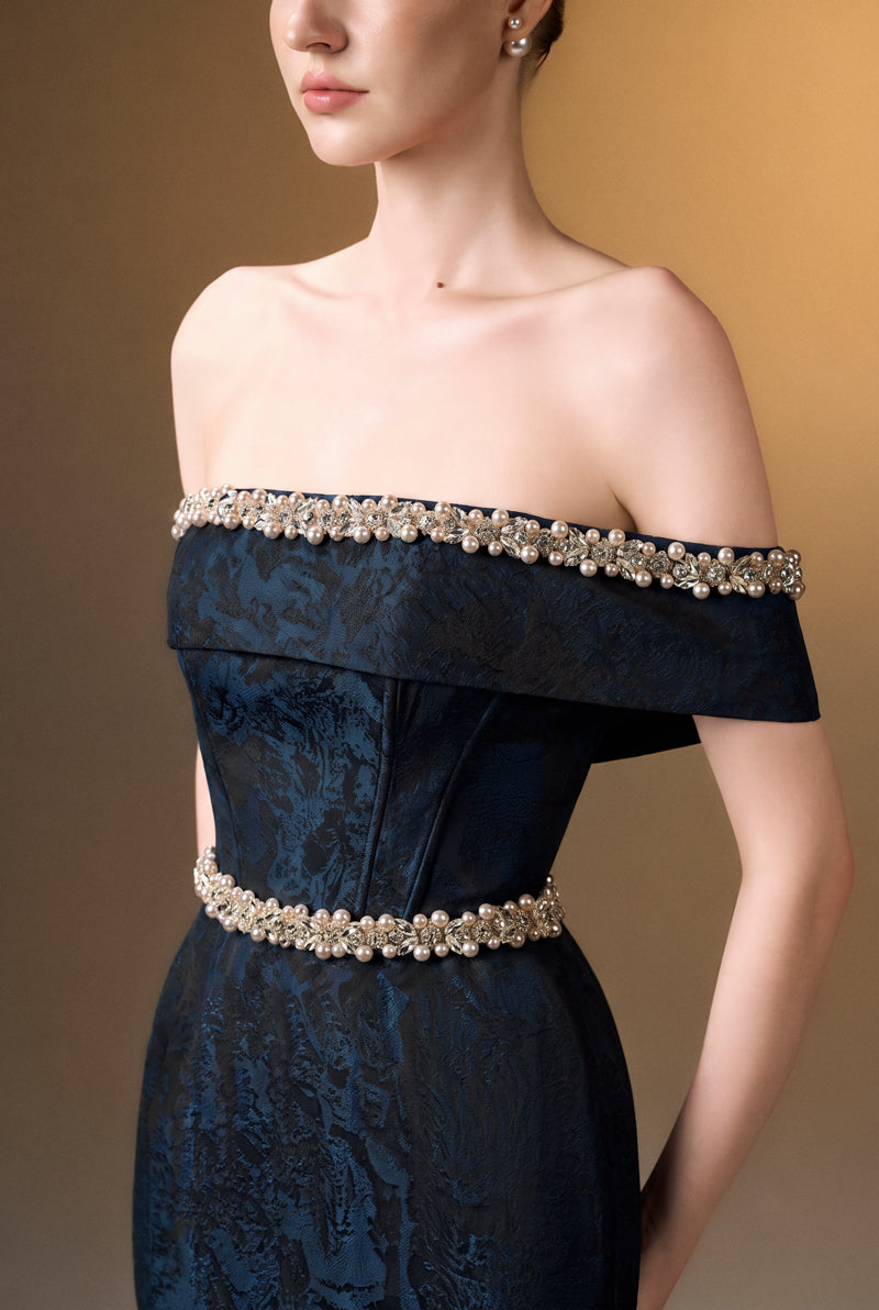 Off-Shoulder Column Gown In Black Rose Design Brocade