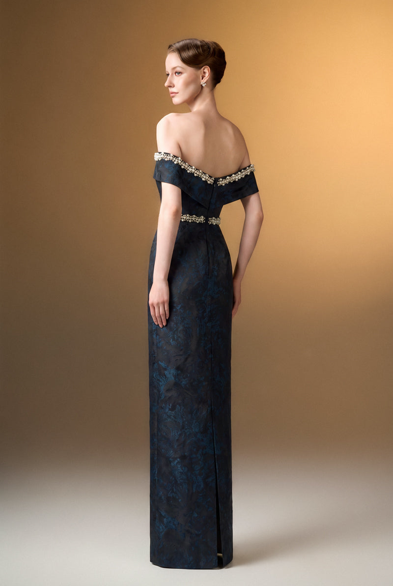 Off-Shoulder Column Gown In Black Rose Design Brocade