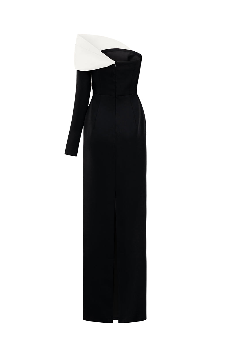 Asymmetric Column Gown With Draped Rose