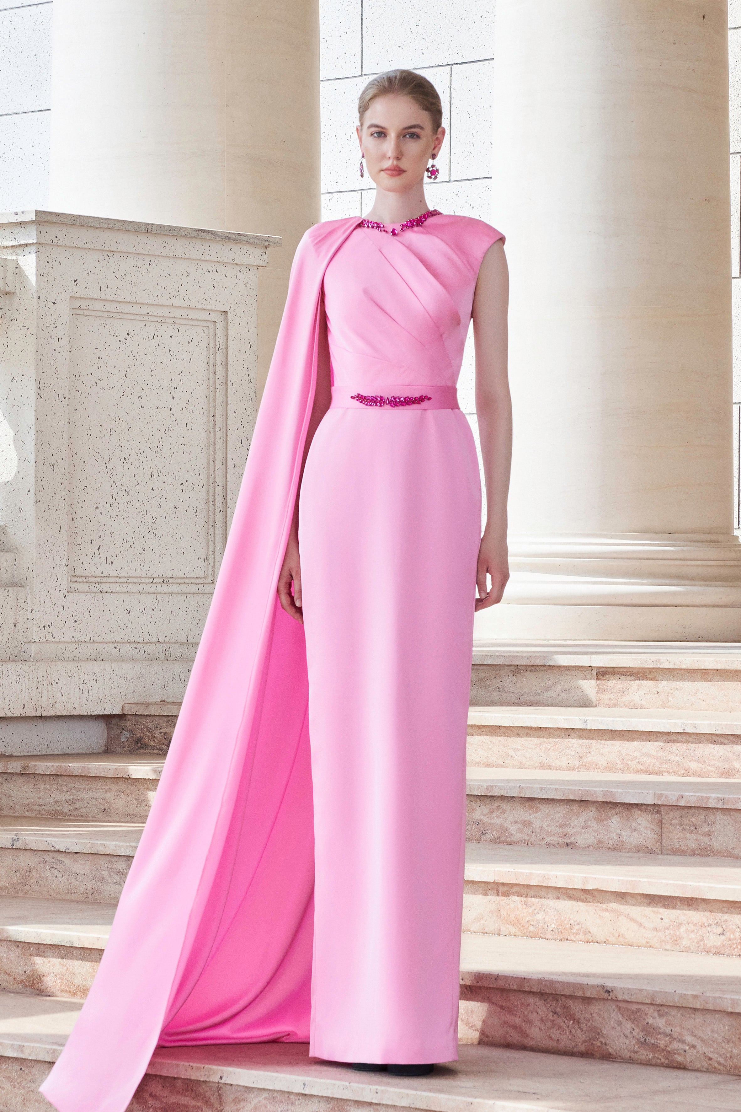 One Shoulder Cape Draped Silk Dress