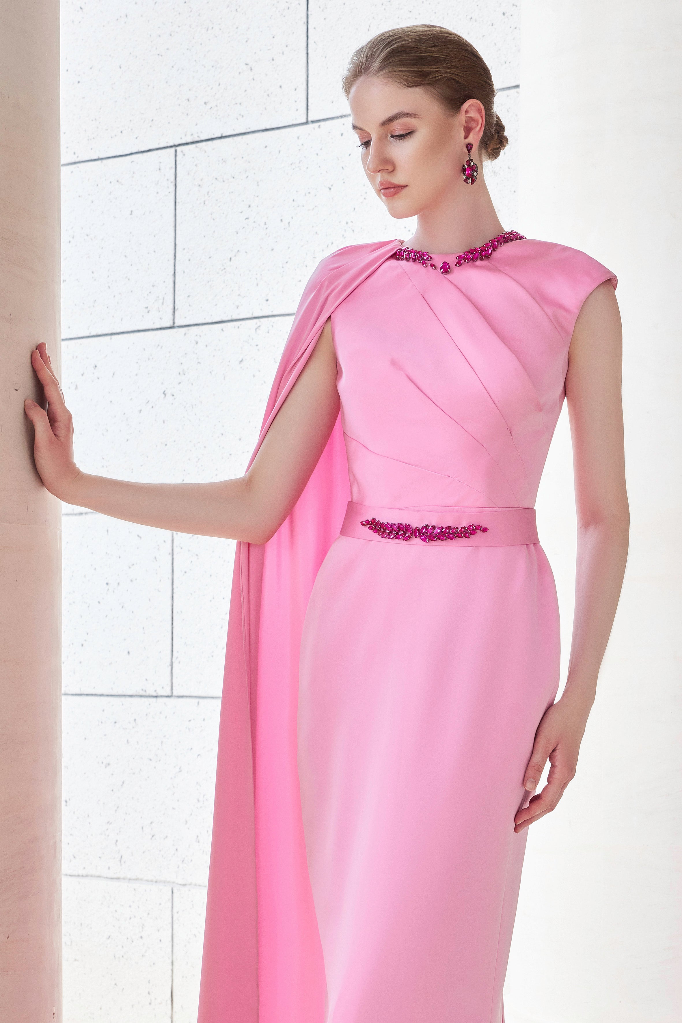 One Shoulder Cape Draped Silk Dress