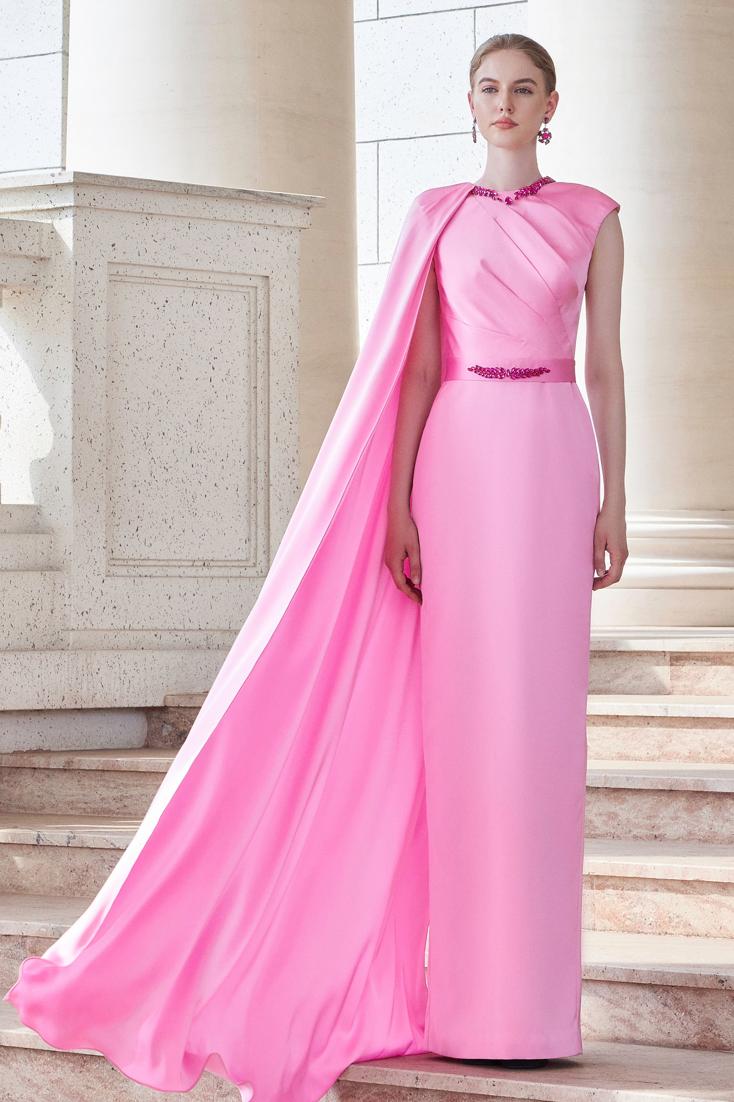 One Shoulder Cape Draped Silk Dress